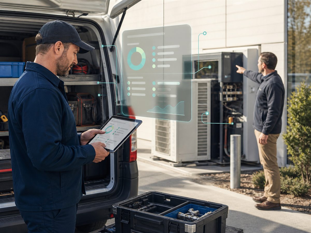 Local service technician using an internal dashboard beside a service vehicle