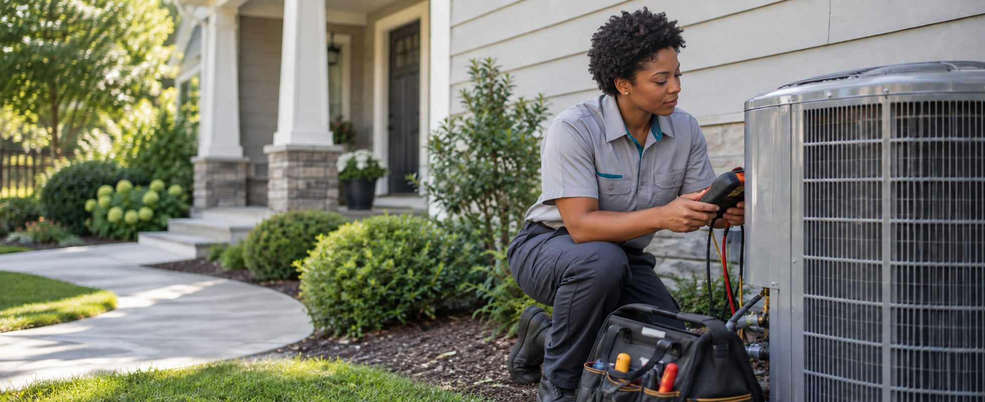 HVAC technician inspecting an outdoor air-conditioning unit at a suburban home