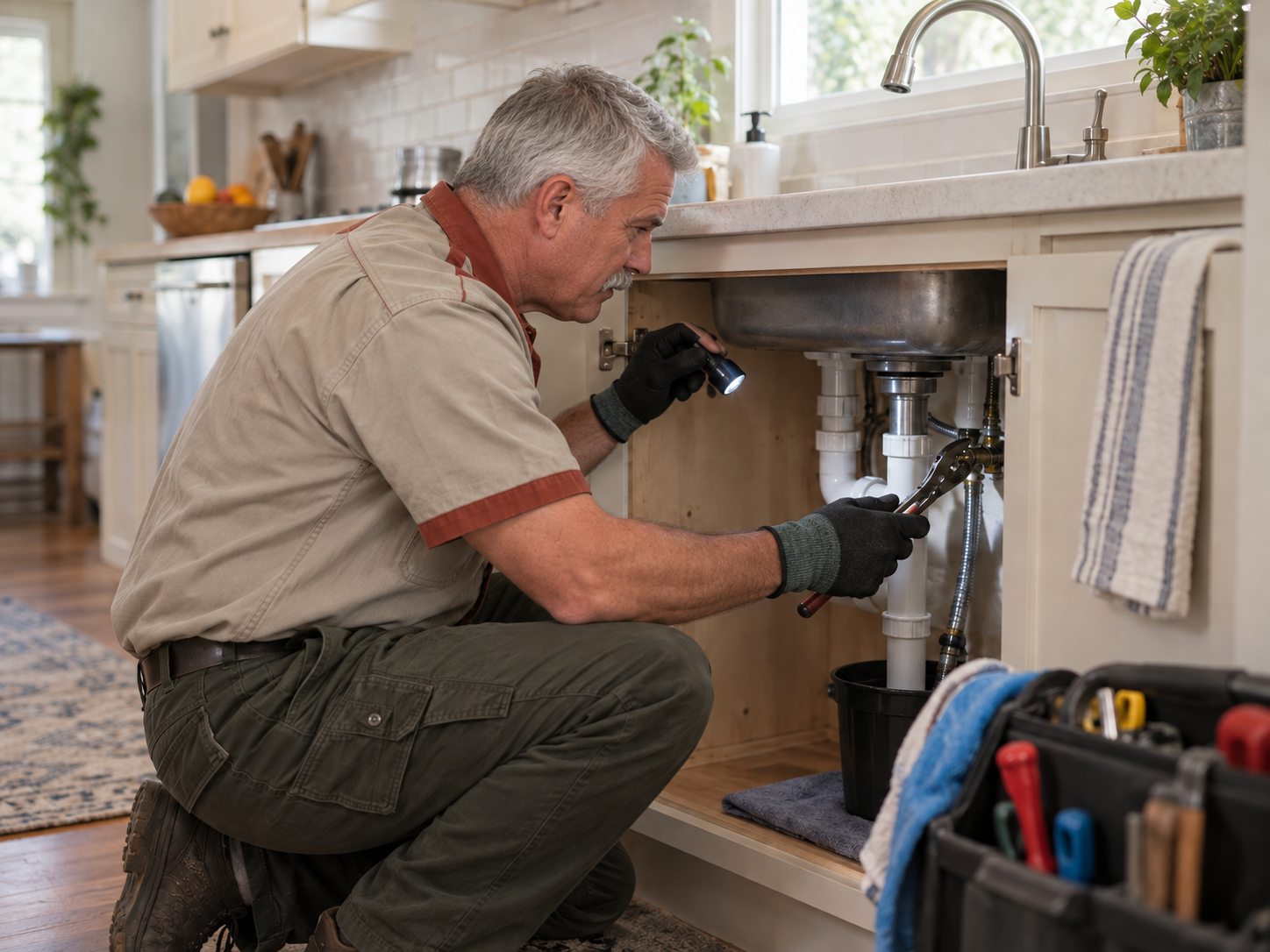 Plumber inspecting pipe connections under a residential kitchen sink